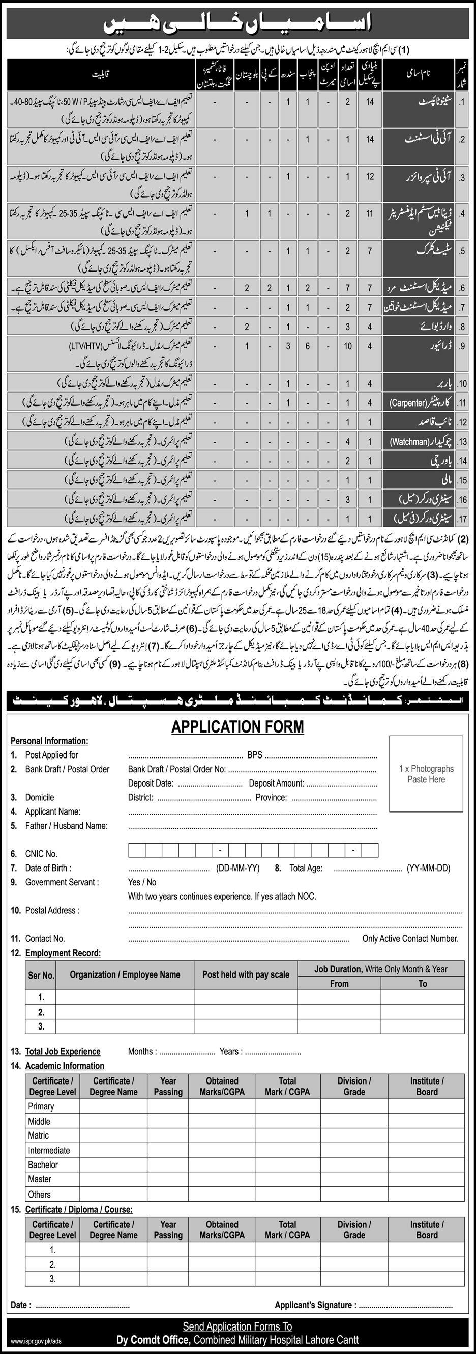 Lahore Cantt CHM Combined Military Hospital 44 Jobs Express Newspaper 10 December 2017