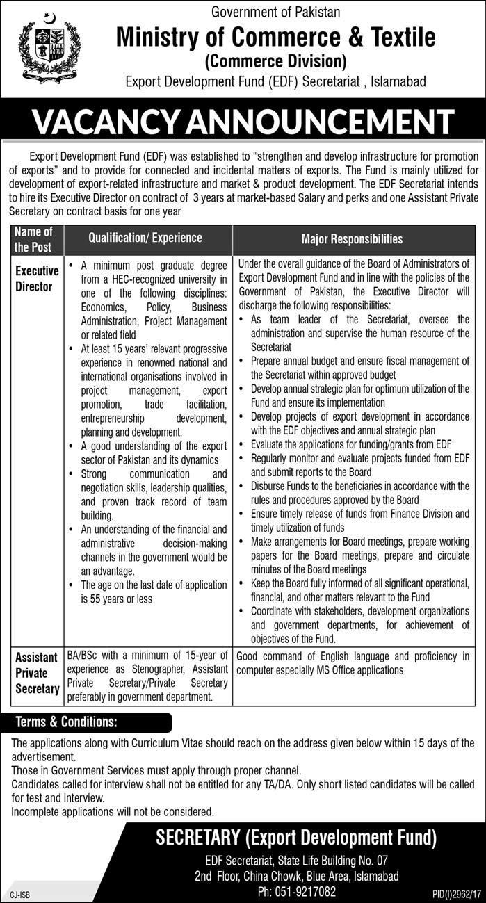 Ministry of Commerce and Textile Jobs Islamabad Jang Newspaper 20/01/2018