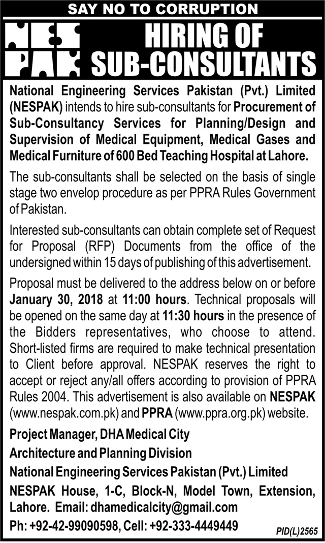 Consultant Jobs Nawa-i-waqt Newspaper 26 Jan 2018 National Engineering Services Pakistan (NESPAK)