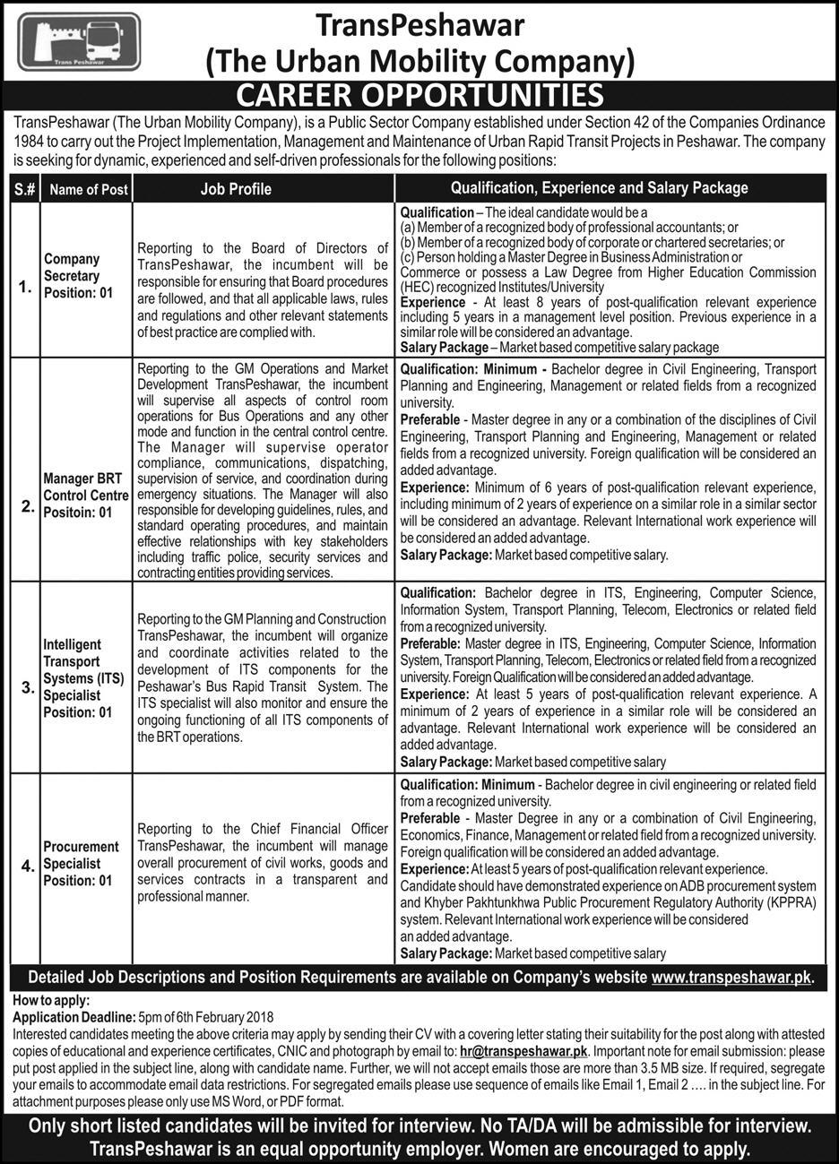 The Urban Mobility Company Transpeshawar Latest Jobs 23 January 2018 Daily Express Newspaper
