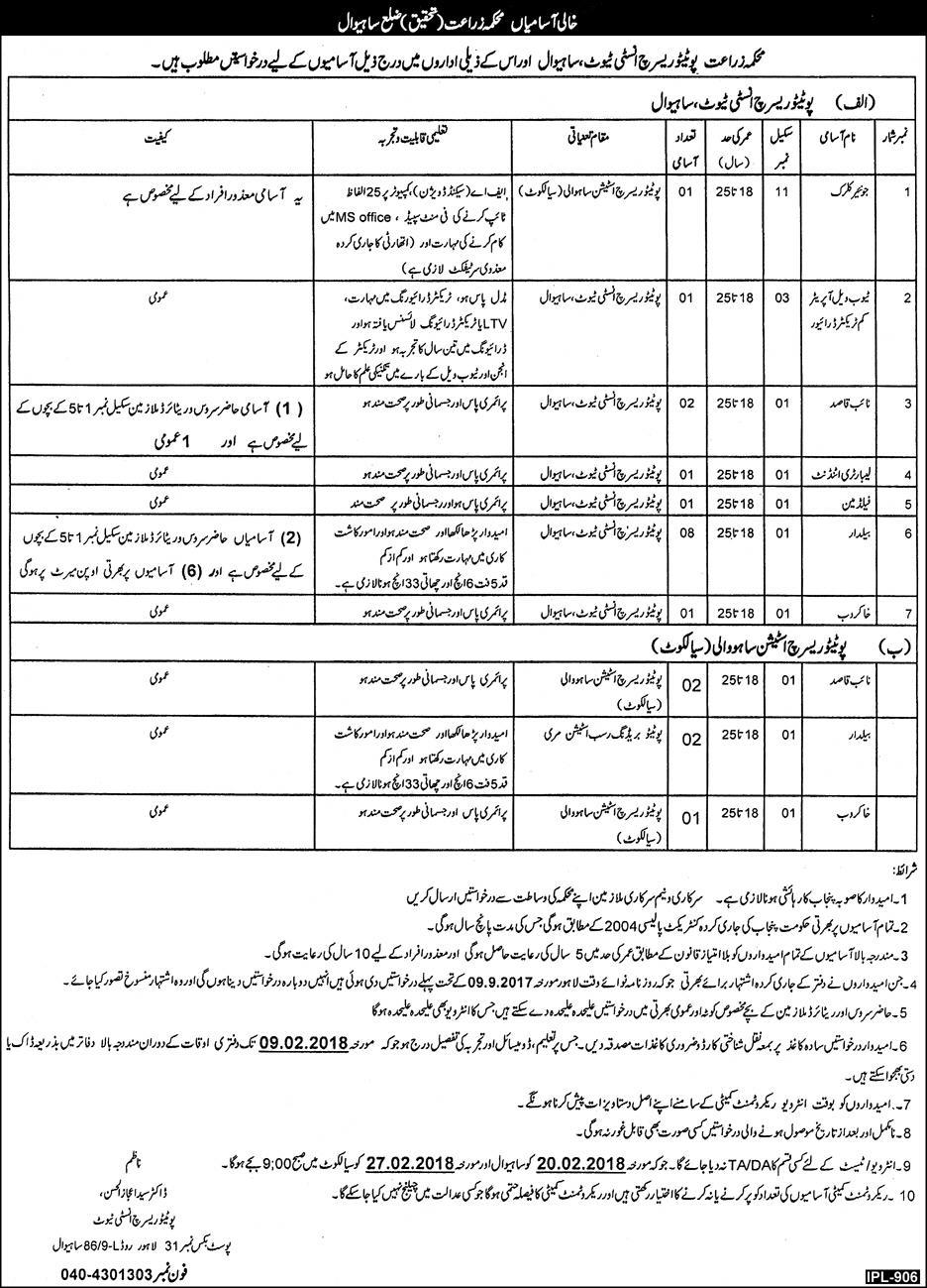 Sahiwal Agriculture Department 20 Jobs, 21 January 2018 Daily Express Newspaper