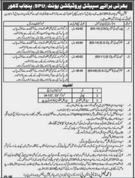 Lahore, Special Protection Unit (SPU) Latest Jobs, 05 January 2018 Daily Khabrain Newspaper.