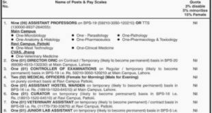 Lahore, University of Veterinary and Animal Sciences 23 Jobs 22 January 2018 Daily Dawn Newspaper