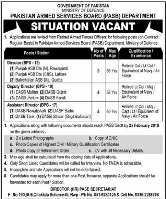 Pakistan Armed Services Board Department 11 Jobs, 11 February 2018, Daily Express Newspaper