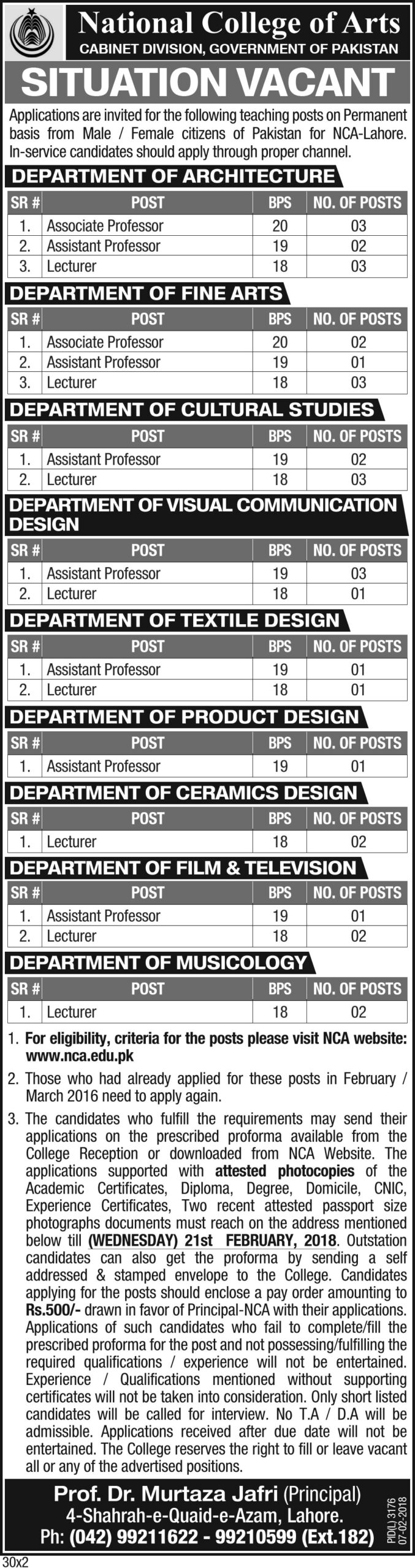 National College of Arts 33 Jobs 07 Feb 2018 Daily The News