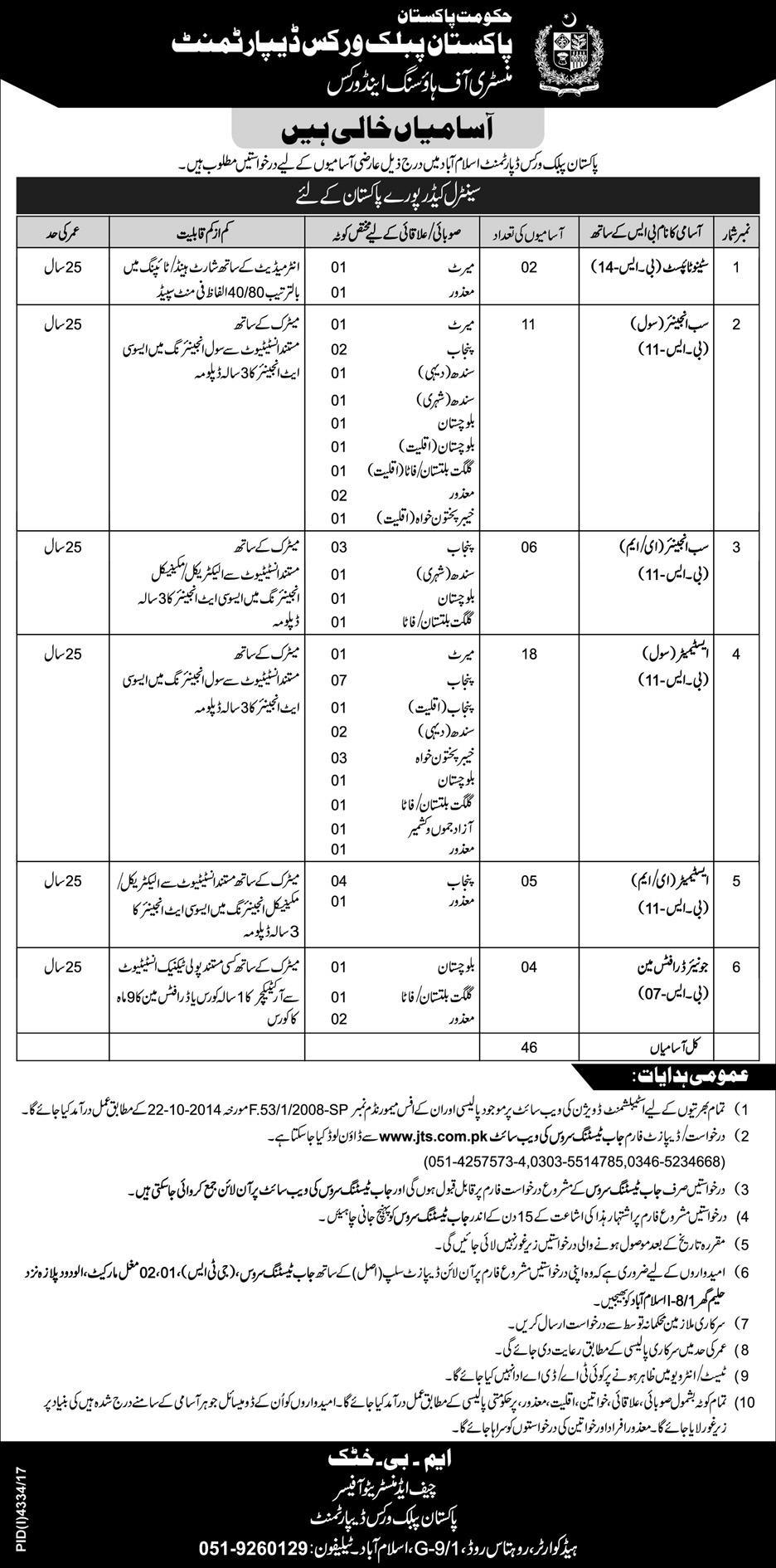 Public Works Department Government of Pakistan 46 Jobs, 11 February 2018, Daily Express Newspaper
