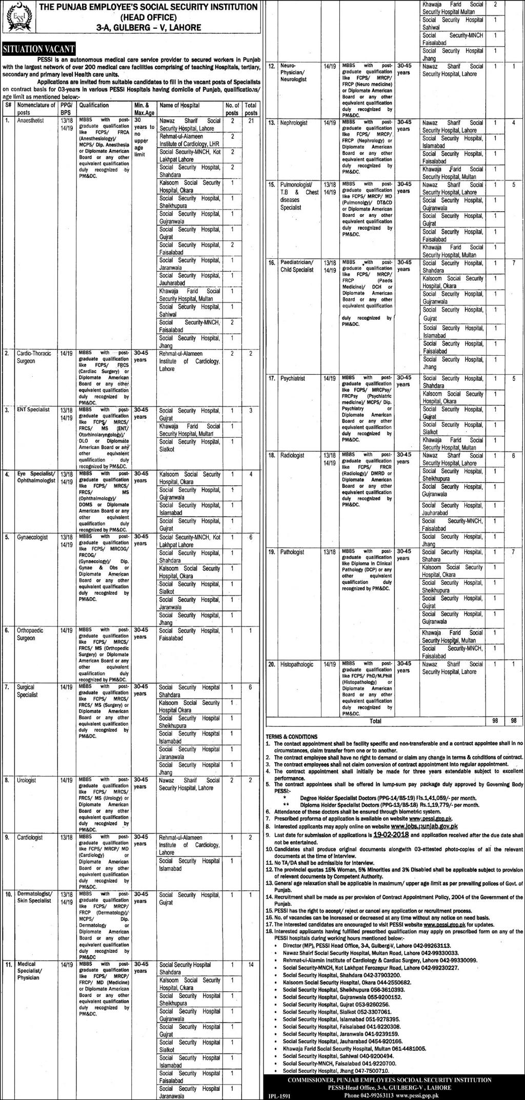 Employees Social Security Institution Punjab 98 Jobs 05/02/2018 Daily Express Newspaper