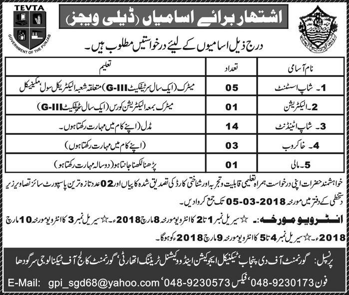 Technical Education & Vocational Training Authority Sargodha 24 Jobs 11 February 2018 Daily Express Newspaper