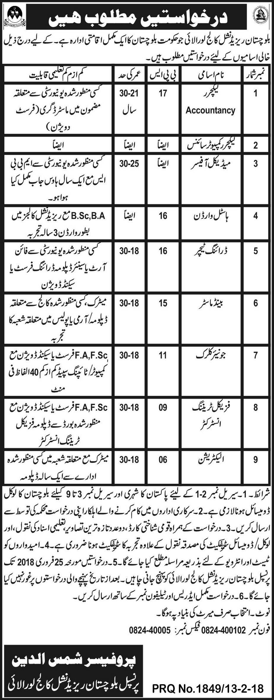 Baluchistan Residential College Loralai New Jobs, 15th February 2018 Daily Express Newspaper.