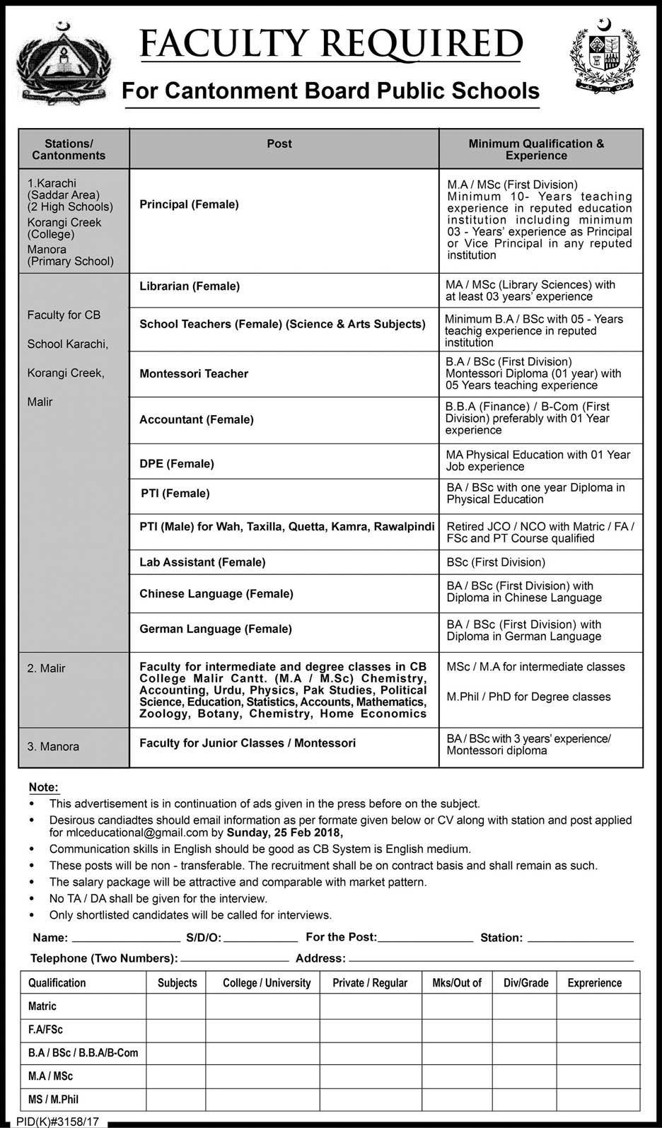 Cantonment Public Schools New Jobs, 21nd February 2018, Daily Express Newspaper