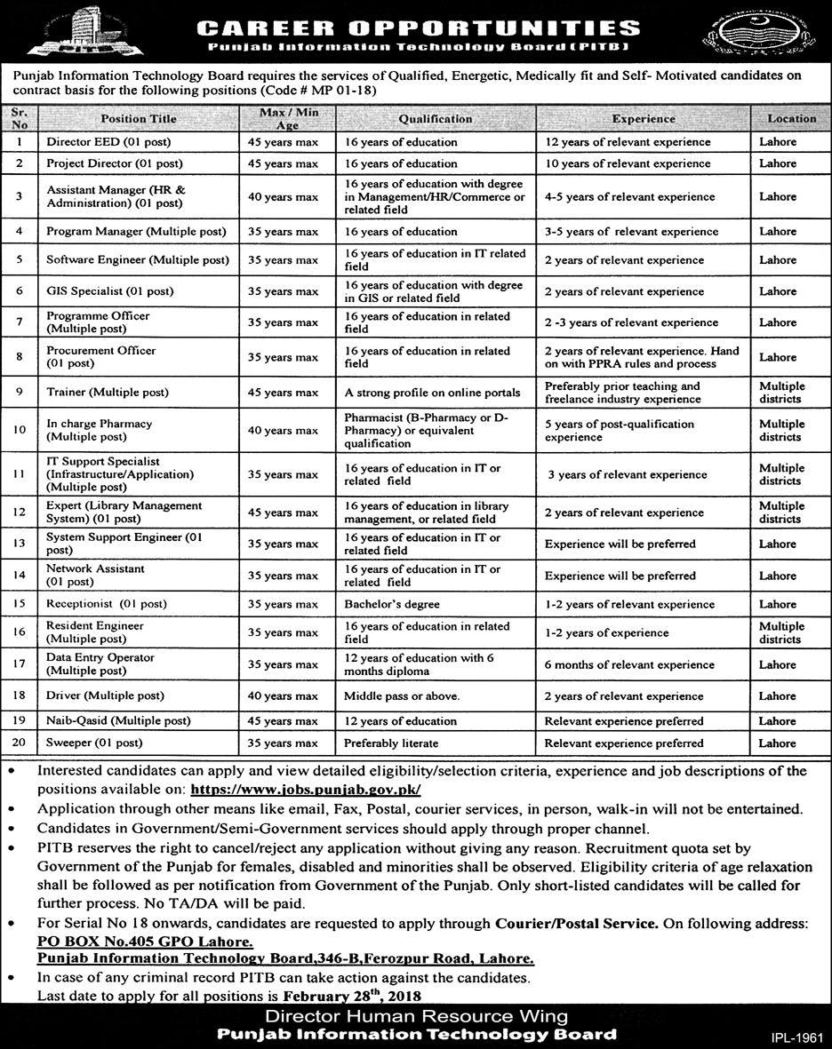 Jobs in Punjab Information Technology Board 14th February 2018 Daily Express Newspaper