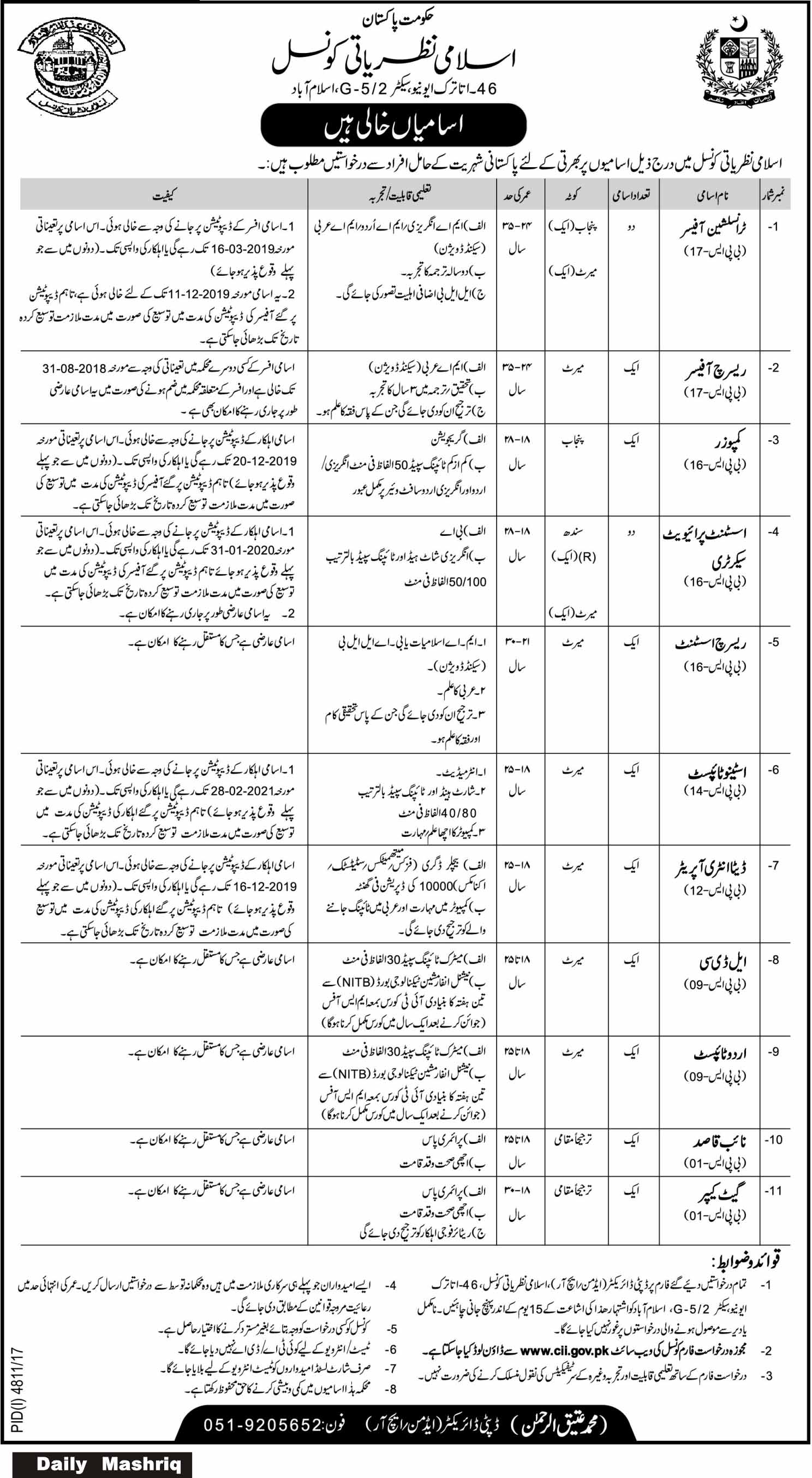 Council of Islamic Ideology 13 Jobs 07 March 2018 Daily Jang Newspaper