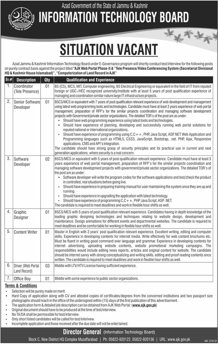 Jobs in Information Technology Board AJK 07 March 2018 The News