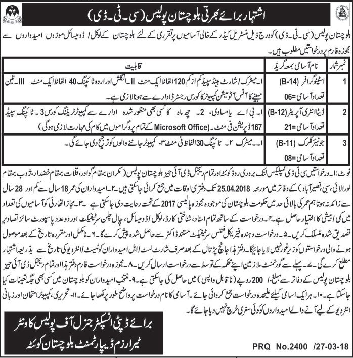 Balochistan Police CTD New Jobs Daily Jang Newspaper 28 March 2018