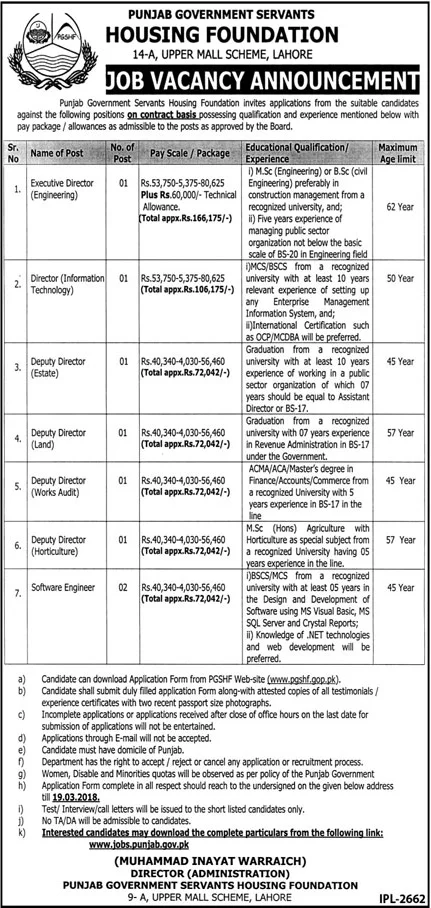Punjab Government Servants Housing Foundation 08 Jobs 02nd March 2018 Daily Jang Newspaper