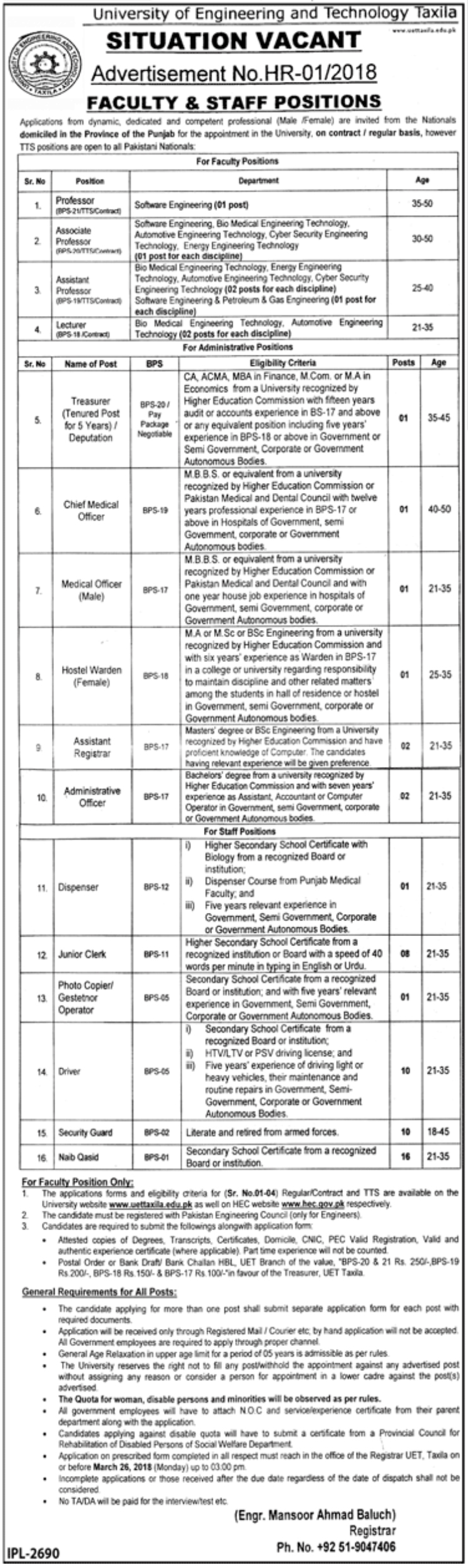 University of Engineering and Technology Taxila Jobs 05 March 2018 Daily Jang Newspaper