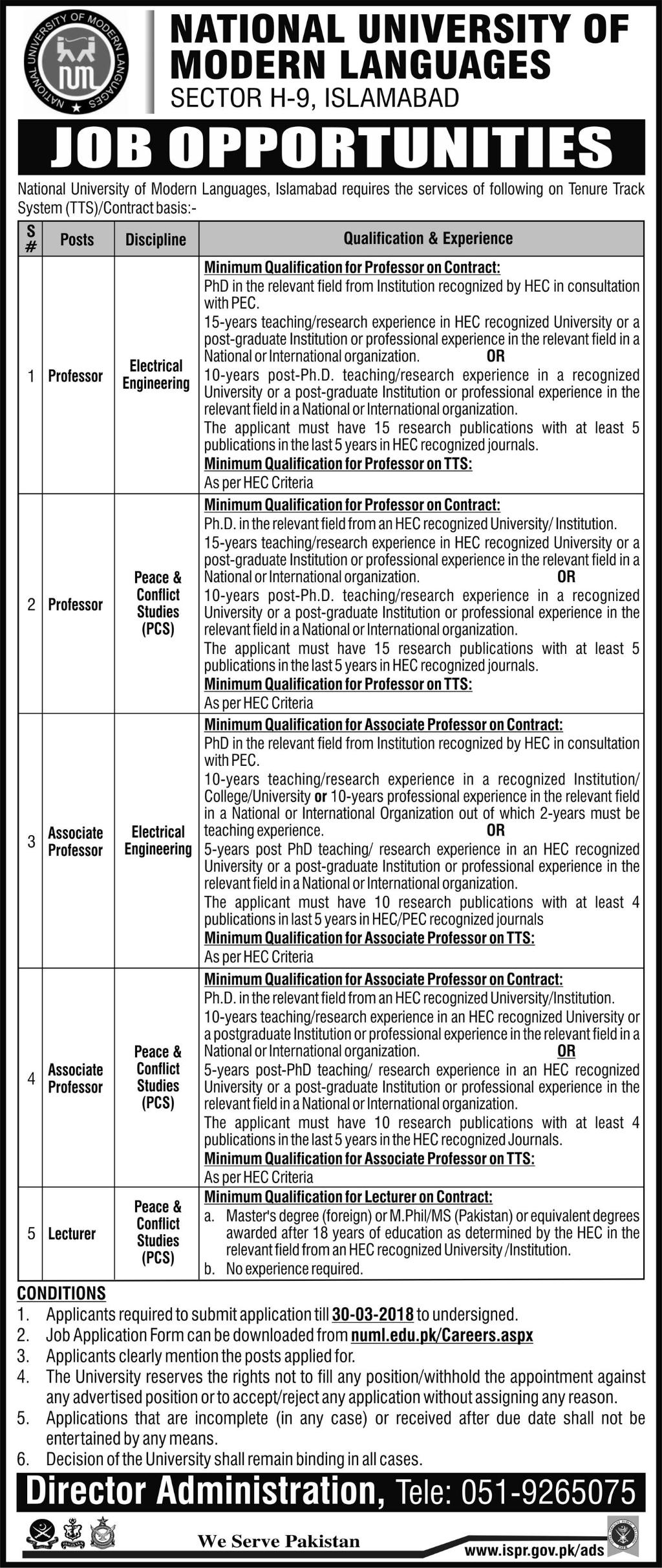 Jobs in National University of Modern Languages (NUML) Daily Express Newspaper 16 March 2018