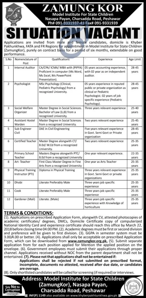 Jobs in Zamung Kor Model Institute of Children Daily Aaj Newspaper 13 March 2018