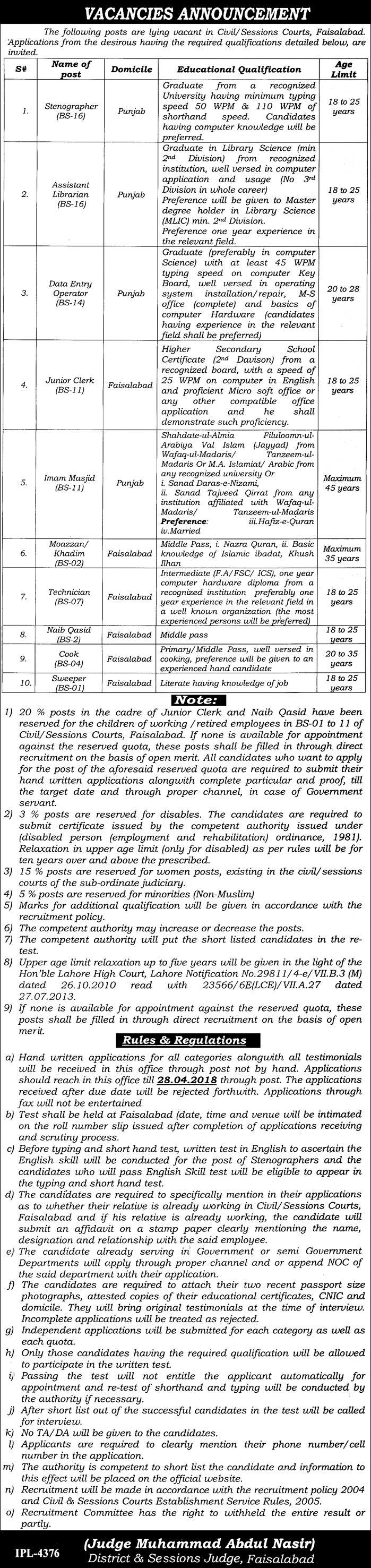 District and Session Courts Faisalabad New Jobs Daily Express Newspaper 08 April 2018