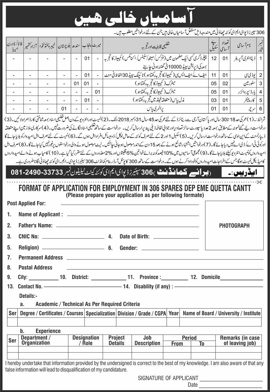 Jobs in 306 Spares Depot EME Quetta Daily Express Newspaper 15 April 2018