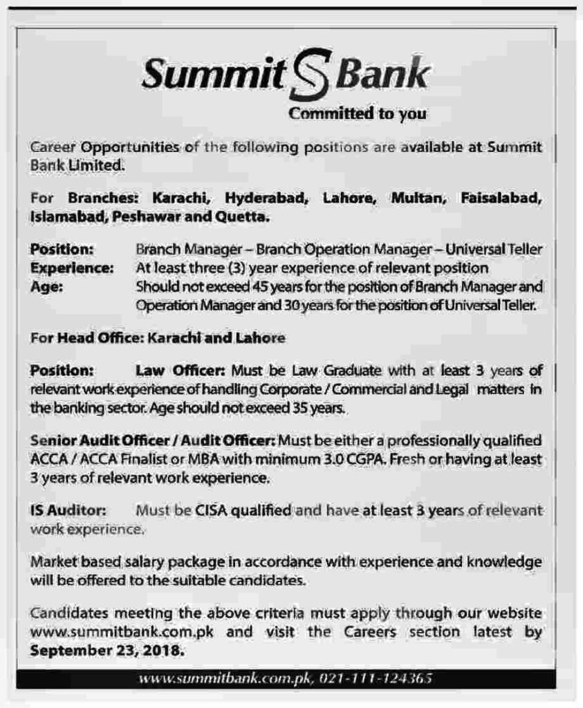 Summit Bank new Jobs 2018 Tellers, Branch Managers, Law, Audit for All Pakistan