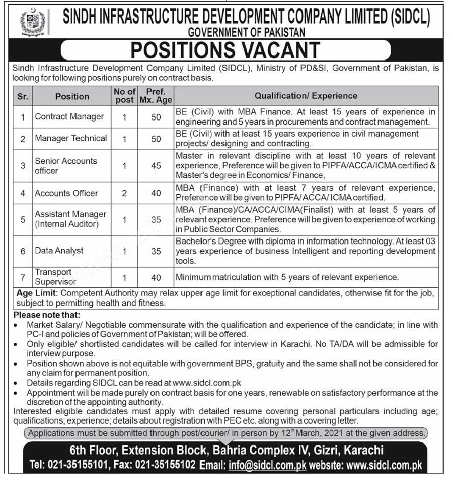 Sindh Infrastructure Development Company Ltd (SIDCL) Latest Jobs 2021 